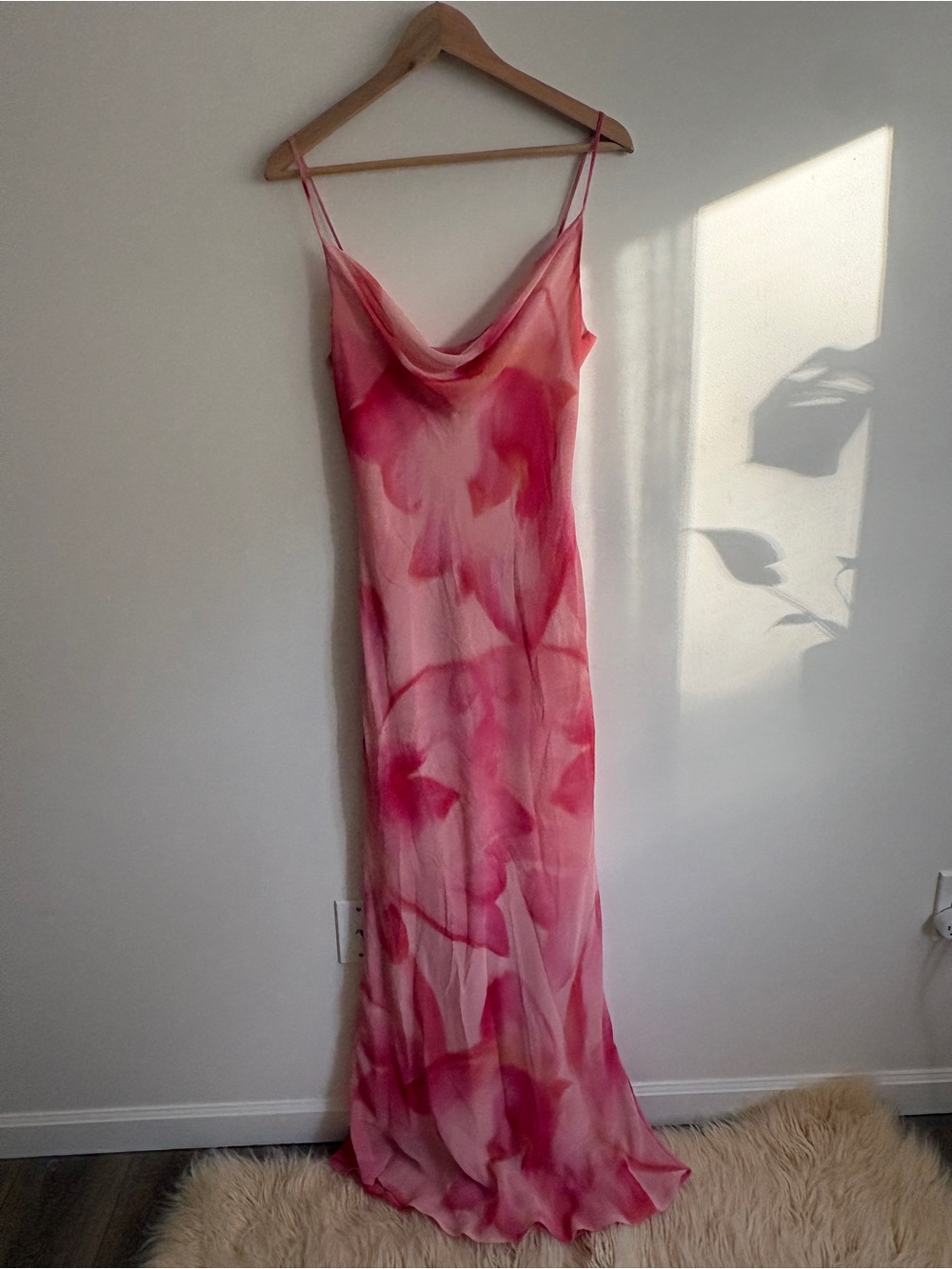 Dynamite Pink Watercolor Cowl Neck Maxi Slip Dress